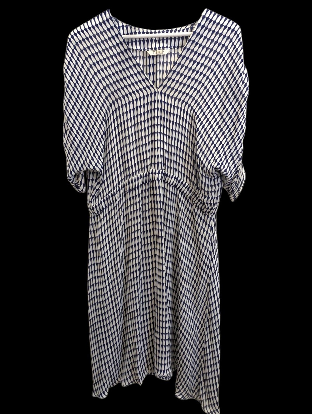 Tucker NYC The Market Midi Dress XL Blue White Geometric Silk Dolman Ruched Slee